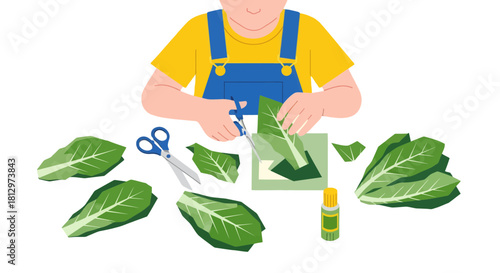 Creative Child Cutting Leaves With Scissors and Glue, Artistic Craft and Play Concept Illustration