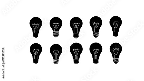 Vector illustration of set of ten black silhouette light bulb icons showing different filament styles isolated on transparent background 