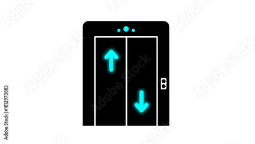 Vector illustration of black elevator icon with glowing blue up and down arrow indicator isolated on transparent background 