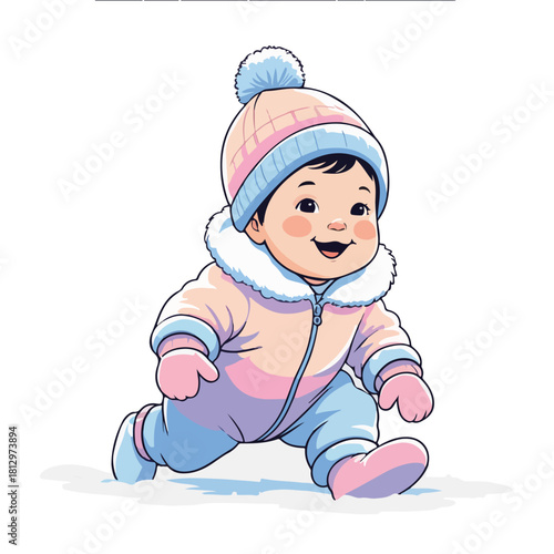 a winter baby crawling happily on clean white background, wearing fluffy winter onesie, small pom-pom hat, soft mittens, simple cute facial expression.