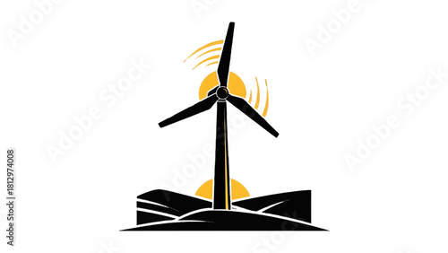 Vector illustration of black and yellow graphic logo icon of a wind turbine generating clean energy over rolling hills at sunrise on transparent background