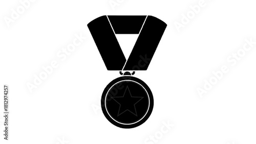 Vector illustration of black and white silhouette icon of a medal with a star award hanging from a ribbon isolated on transparent background 