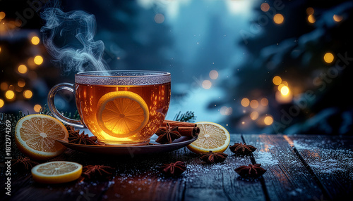 Warm lemon tea glowing softly in a winter night scene. Steaming citrus tea shining in cozy holiday twilight. Hot tea with lemon surrounded by magical winter bokeh