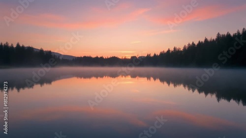 Wallpaper Mural Tranquil Lake at Sunrise with Pink Hues Reflecting in Calm Water and Forest Silhouette Torontodigital.ca