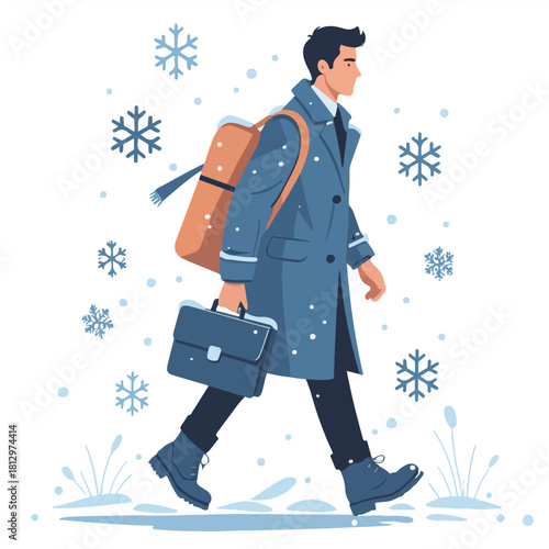 Office Worker Commuting in Snow