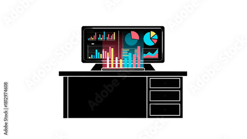 Vector illustration of computer monitor displaying colorful business data visualization charts and graphs isolated on transparent background 