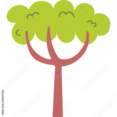 Stylized cartoon tree with a thick red trunk and a vibrant green rounded canopy against a white background