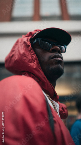 Moody Urban Portrait of Man in Red Hoodie and Sunglasses
