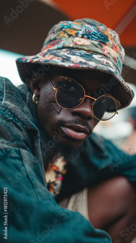 Trendy Street Portrait of Man in Patterned Bucket Hat and Sunglasses