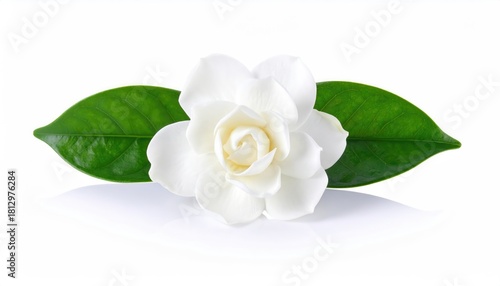 A close-up of a pure white flower with verdant green leaves. It captures a sense of tranquility and delicate beauty