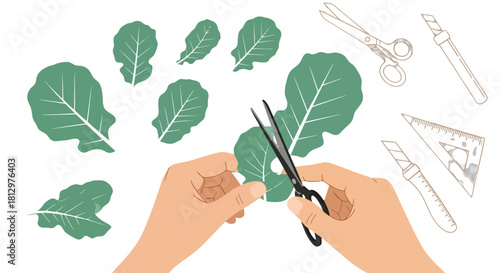 Creative Leaf Cutting Illustration: Crafts, Design, and Artistic Projects on Black Background