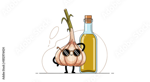 Creative Garlic And Olive Oil Illustration With Sunglasses And Elegant Bottle Design