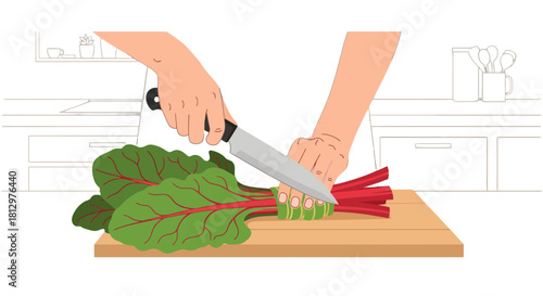 Culinary Artistry Depicted: Cutting Fresh Chard on a Wooden Cutting Board