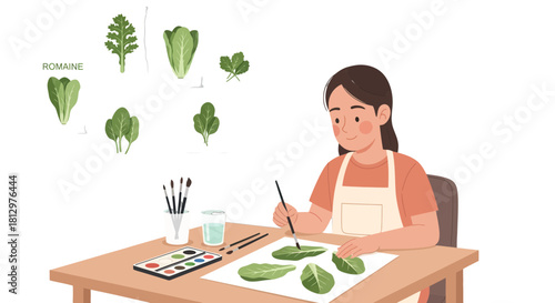 Creative Painter Crafting Leafy Greens Illustration With Watercolors on A Wooden Table