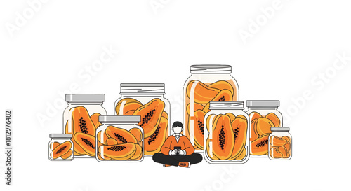 Digitally Illustrated Papaya Pieces In Glass Jars With a Person on a Black Background