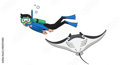 Diver Explores Underwater World Swimming Alongside a Graceful Manta Ray