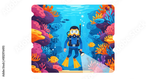 Diver Exploring The Coral Reef Habitat With A Powerful Underwater Flashlight Display