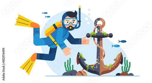 Diver Exploring Underwater World Near Abandoned Anchor with Colorful Marine Life