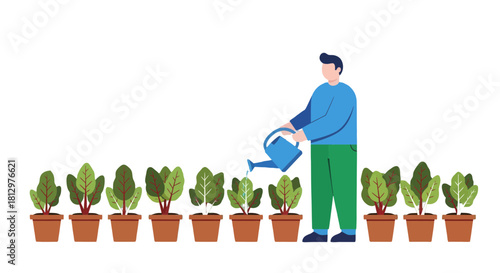 Cultivating Crops: An Illustration Depicting Gardening and Plant Hydration