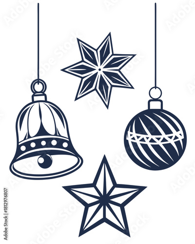 "A set of minimalist Christmas ornaments — a star, a bell, and a ball — isolated on a white background, in a modern style."