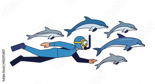 Dolphins Swimming With a Scuba Diver Illustrated On Black Background