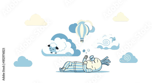 Dreamlike Scene Depicts Sleepy Humanoid Floating Among Clouds and a Sheep in a Balloon
