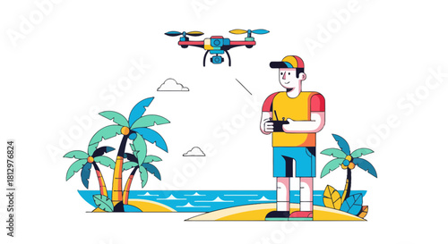 Drone Operator Takes Flight Over Exotic Beach Paradise With Tropical Palm Trees