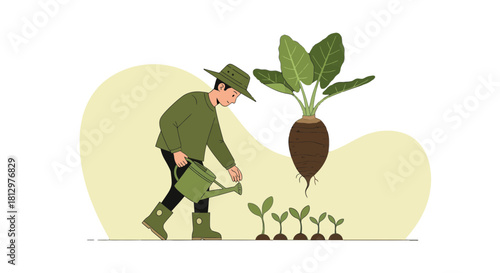 Cultivating Green Life: Farmer Nurtures Plants for a Thriving Agricultural Future