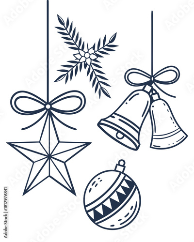 "A set of minimalist Christmas ornaments — a star, a bell, and a ball — isolated on a white background, in a modern style."