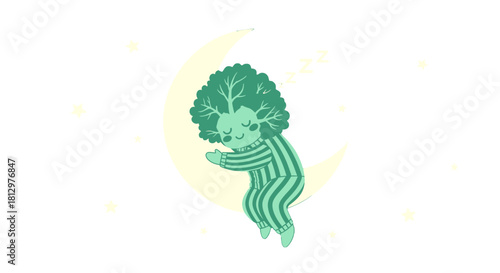 Dreamy Vegetable Character Sleeping Peacefully on Crescent Moon Amidst Stars