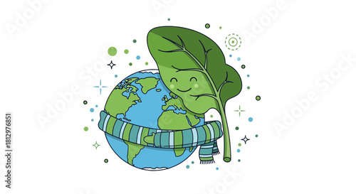 Earth Hugging A Leaf: An Adorable Illustration Depicting Environmental Preservation