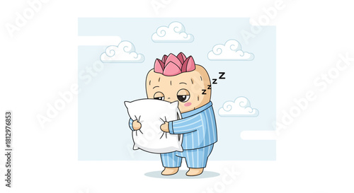 Cute Cartoon Character Embracing Pillow And Dreaming Of Peaceful Sleep