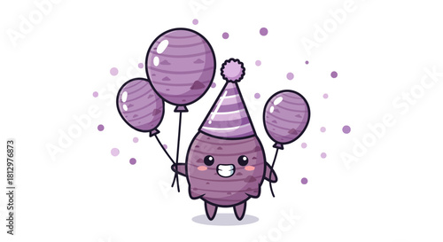 Cute Cartoon Character Celebrating With Balloons Against a Black Backdrop Illustration