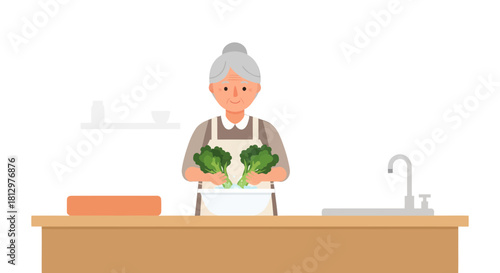 Elderly Woman Preparing Fresh Vegetables In Kitchen With Culinary Tools And Freshness