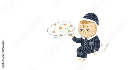 Dreamy Moon Character Adorned in Sleepwear With Stars and a Crescent Moon