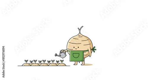 Cute Cartoon Gardener With Watering Can Nurturing Seedlings in a Black Background