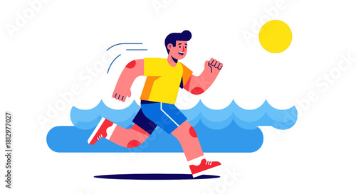 Energetic Athlete Sprinting On Coast During Evening Overlapping With The Sunshine