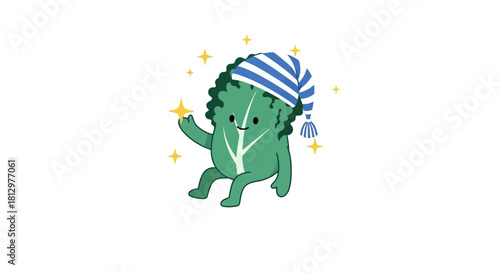 Cute Lettuce Character Wearing Sleep Cap with Starry Background for Calm Sleep