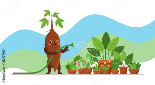 Enchanting Root Character Watering Plants with Joyful Glee in a Lush Green Garden