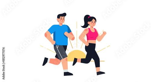Energetic Couple Running Together Depicting Workout and Sunrise on Black Background
