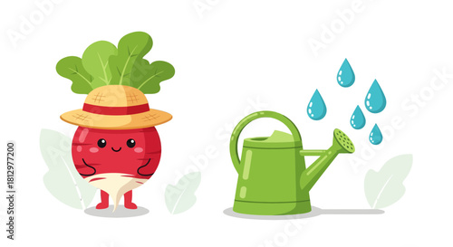 Cute Radish Character Wearing A Hat Near Watering Can With Water Drops Illustration