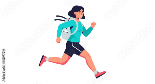 Energetic Woman With Backpack Is Running Isolated On A Black Background Adventure Concept