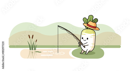 Cute Radish Fishing with Hat and Rod, Enjoying Peaceful Lakeside Moment