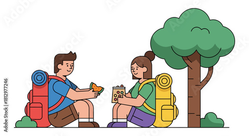 Enjoying Leisure: Backpacking Couple Unwinds Beneath Shady Tree While Sharing Food