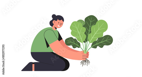 Enthusiastic Gardener Holding Fresh Greens against Black Background Design Illustration
