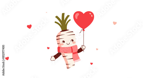 Cute Turnip Character With Heart Balloon On Black Backdrop For Sweet Celebration