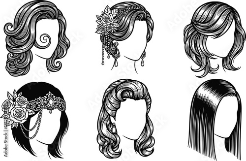 Vintage Women's Hairstyles Vector Illustration Set, Retro Pin-up Hairdos with Flowers and Jewelry, Elegant Short and Long Wavy Hair Cuts, Beauty Salon, Fashion, and Glamour Graphic, Isolated.