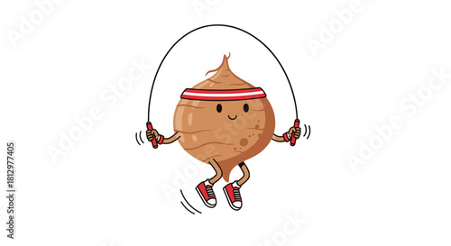 Excited Root Vegetable Character Enjoying a Jump Rope Workout on Black Background