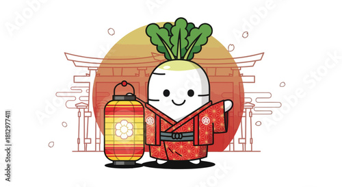 Cute Turnip Character With Kimono Holding a Lantern Against the Japanese Shrine Background