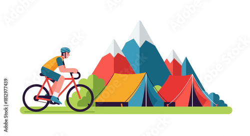 Cyclist Adventure Near Mountain Peaks, Camping Site, Nature, and Outdoor Exploration